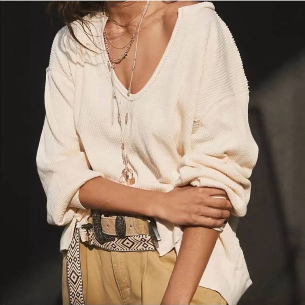 NWT Free People Oversized V-Neck Santa Clara Thermal - Alabaster - Small